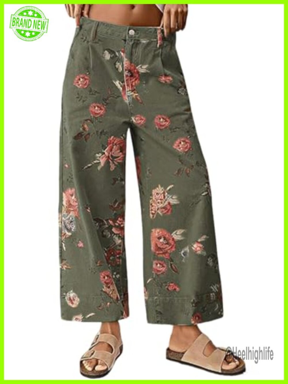 Women Mid Rise Cropped Wide Leg Jeans Floral Ankle Pants Denim Capris Flare